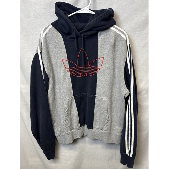 Adidas Hoodie Sweatshirt✨Men's Large✨Trefoil✨Red Logo ✨Blue ✨Gray✨White Stripes - Picture 1 of 7
